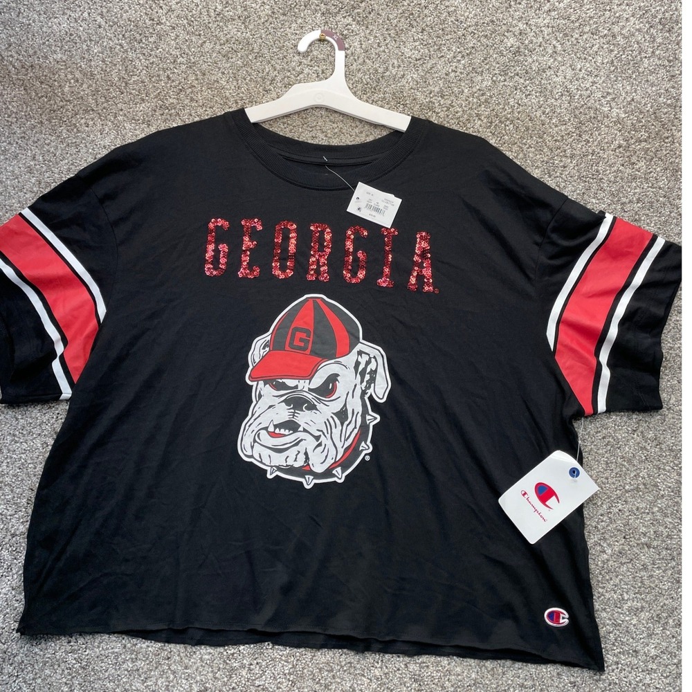 Champion Georgia Bulldogs T-Shirt Women XL Black NEW Sequin Graphic Cropped
